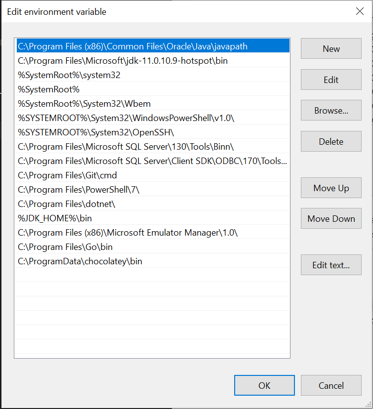 The Edit environment variables panel